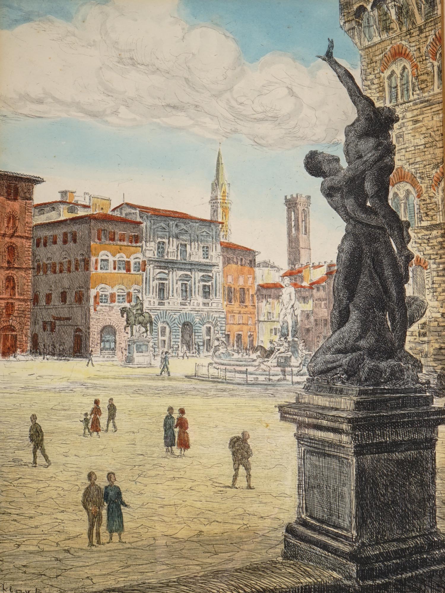 BELA SZIKLAY HAND COLORED ETCHING PRINT FLORENCE PIC-1